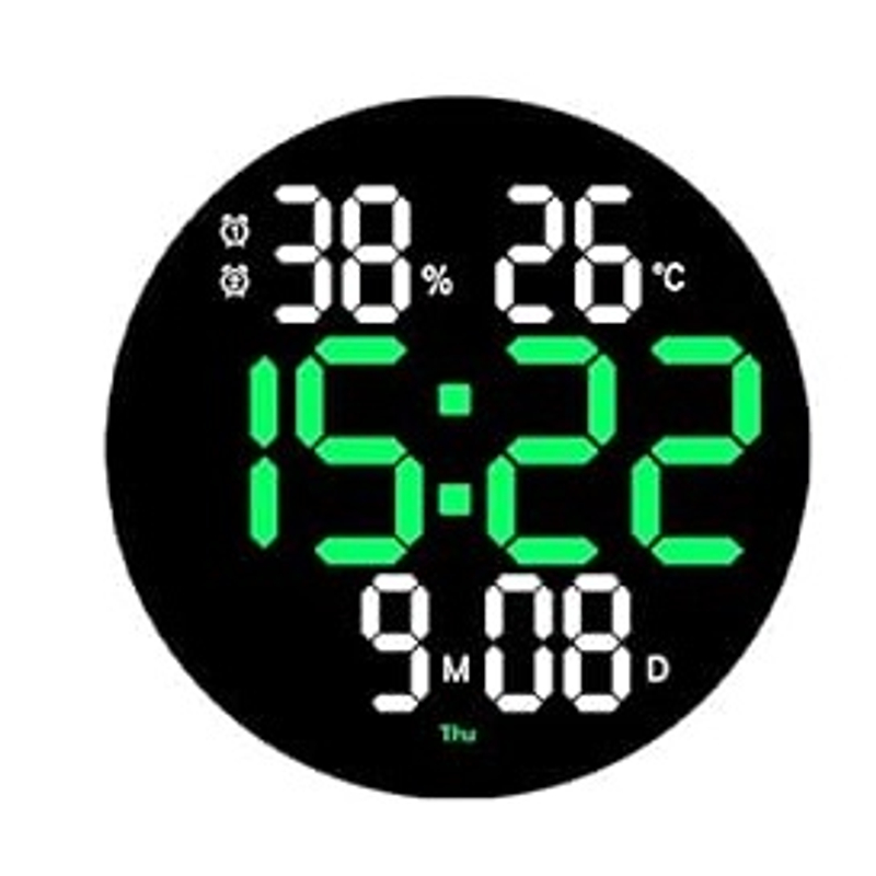 Digitální nástěnné hodiny na baterie, černé se zeleným číselným displejem