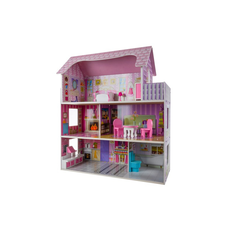 třípatrový dřevěný domeček pro panenky s barevnými stěnami a nábytkem, velikost 62×27×70 cm