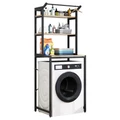 3-patrový masivní kovový koupelnový regálový systém nad pračkou s dřevěnými policemi, černý - 175 cm