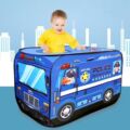 Obraz % s -Dětský stan na hraní se vzorem policejního auta, textilní nosič, 112x70x75 cm, modrý