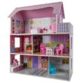 Obraz % s -třípatrový dřevěný domeček pro panenky s barevnými stěnami a nábytkem, velikost 62×27×70 cm