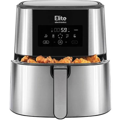 Fritéza Elite® 8 l + kniha receptů, 1800W horkovzdušná fritéza bez oleje s digitálním displejem, elegantní kryt z nerezové oceli