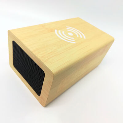 Dřevěný stereofonní reproduktor bluetooth s bezdrátovým nabíjením, světle hnědý