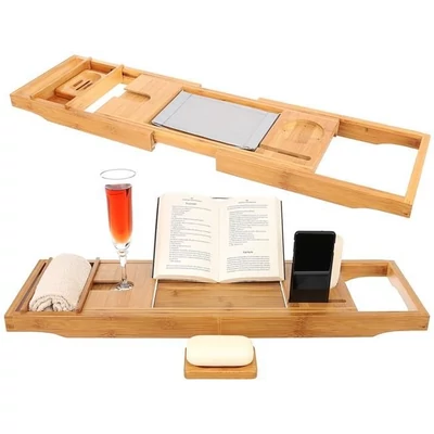 Bambusový podnos do vany, stolek do vany s výsuvnými držáky na knihu, tablet, telefon a nápoje, 75-112x23x4,5 cm