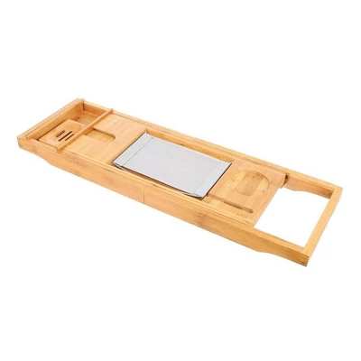 Bambusový podnos do vany, stolek do vany s výsuvnými držáky na knihu, tablet, telefon a nápoje, 75-112x23x4,5 cm