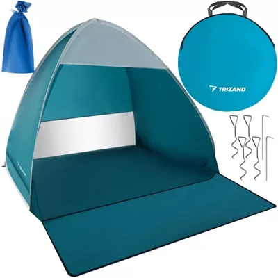 Plážový stan, pop up, skládací markýza, slunečník s UV ochranou, s prodlouženým dnem, 200x120x110 cm, světle modrá barva
