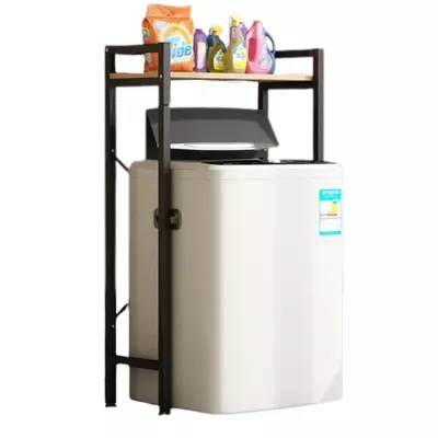 Elite Home® pevná kovová koupelnová polička s dřevěnou policí nad pračkou s horním plněním, černá - 120 cm