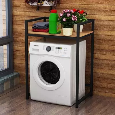 Elite Home® pevná kovová koupelnová polička s dřevěnou policí nad pračku, černá - 110 cm