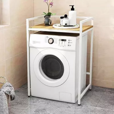 Elite Home® pevná kovová koupelnová polička s dřevěnou policí nad pračku, bílá - 110 cm