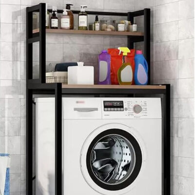 Elite Home® 2patrová pevná kovová koupelnová polička s dřevěnými policemi nad pračku, černá - 152 cm