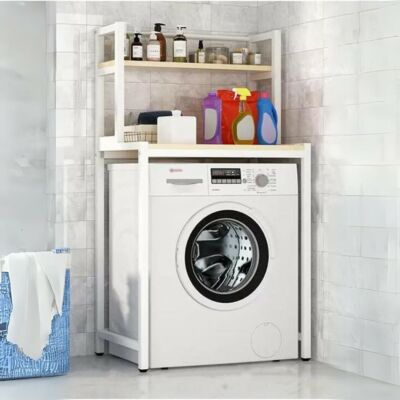 Elite Home® 2patrová pevná kovová koupelnová polička s dřevěnými policemi nad pračku, bílá - 152 cm