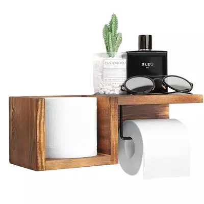 Dřevěný nástěnný držák toaletního papíru Elite Home® s odkládací poličkou