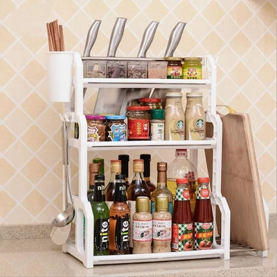 Třípatrový kuchyňský organizér Elite Home® s věšákem a držákem na nože