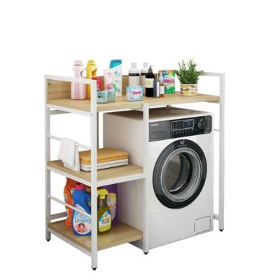 Elite Home® 3úrovňová pevná kovová koupelnová polička s dřevěnými policemi nad pračku, bílá - výška 110 cm