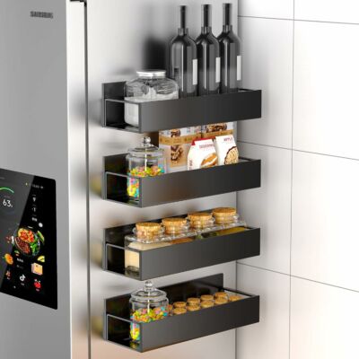 Magnetická kovová police Elite Home®, kuchyňský úložný systém pro chladničku, mikrovlnnou troubu, pračku, 4 ks, černá barva
