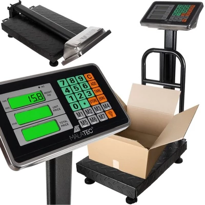 Elektronická skladová váha, cenová váha, vestavěná baterie, LCD displej, robustní kovová konstrukce, do 150 kg, černá barva