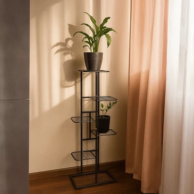 6 patrový, stabilní kovový, loftový styl, otevřený květinový stojan, černý, výška 106 cm, nosnost 20 kg