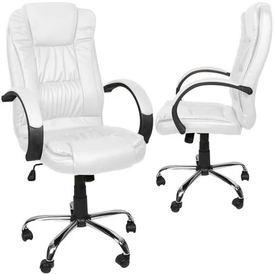 Ergonomické otočné kancelářské křeslo s chromovanými nohami, čalounění z ekokůže, nosnost 130 kg, bílé provedení