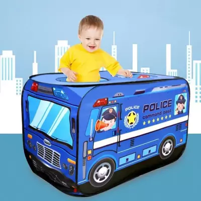 Dětský stan na hraní se vzorem policejního auta, textilní nosič, 112x70x75 cm, modrý