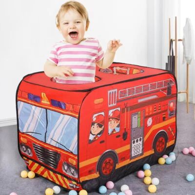 Dětský stan na hraní s motivem hasičského auta, textilní nosič, 112x70x75 cm, červený