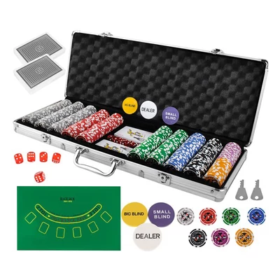 Pokerová sada v hliníkovém kufříku s 500 žetony, 2 balíčky karet, další příslušenství