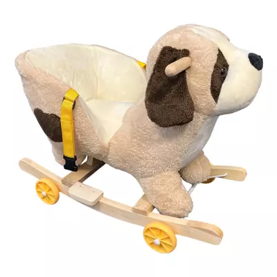 Hudební plyšové houpací zvířátko, houpací houpačka se sedátkem, pojízdná kolečka, ve tvaru psa