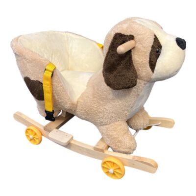 Hudební plyšové houpací zvířátko, houpací houpačka se sedátkem, pojízdná kolečka, ve tvaru psa
