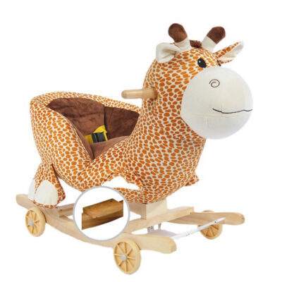 Hudební plyšové houpací zvířátko, houpačka se sedátkem, pojízdná kolečka, tvar žirafy
