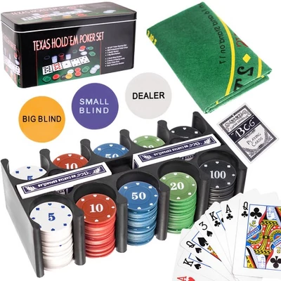 Pokerová sada Texas Hold'Em, kovová krabička, 200 žetonů, 2 balíčky karet, podložka pod stůl
