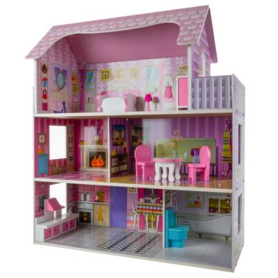 třípatrový dřevěný domeček pro panenky s barevnými stěnami a nábytkem, velikost 62×27×70 cm