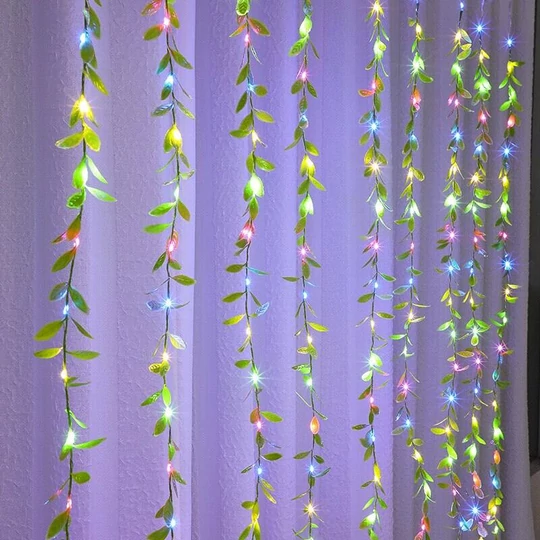 2x2 m LED světelný závěs s malými zelenými listy, 8 programů, programovatelný, barevný