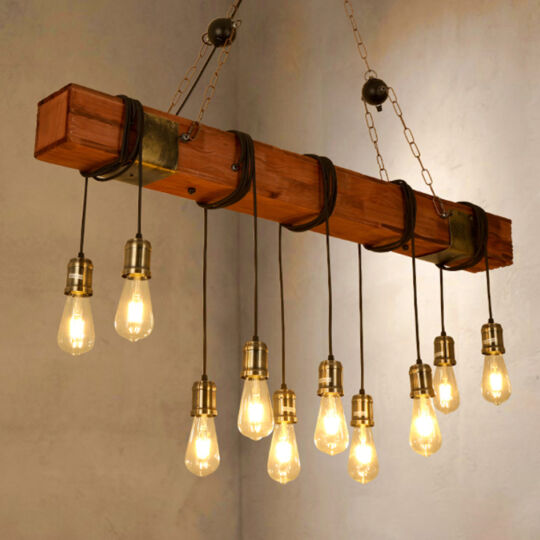 Velká dřevěná závěsná lampa ve stylu Loft, s 10 ks LED žárovek a příslušenstvím