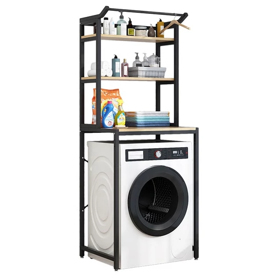 3-patrový masivní kovový koupelnový regálový systém nad pračkou s dřevěnými policemi, černý - 175 cm