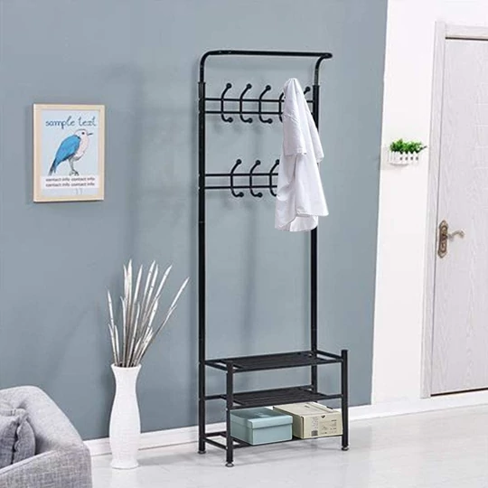 Kovový předsíňový věšák, stojan na oblečení s 3-úrovňovým úložným prostorem na boty 185x80x30 cm - černý
