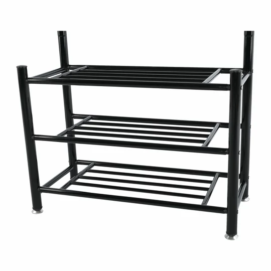 Kovový předsíňový věšák, stojan na oblečení s 3-úrovňovým úložným prostorem na boty 185x80x30 cm - černý