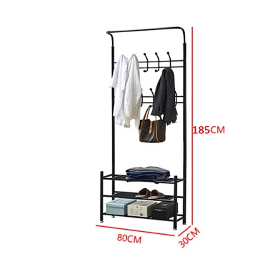 Kovový předsíňový věšák, stojan na oblečení s 3-úrovňovým úložným prostorem na boty 185x80x30 cm - černý
