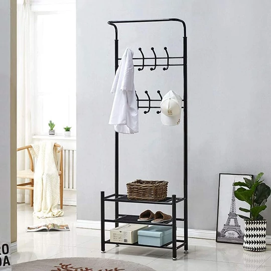 Kovový předsíňový věšák, stojan na oblečení s 3-úrovňovým úložným prostorem na boty 185x80x30 cm - černý