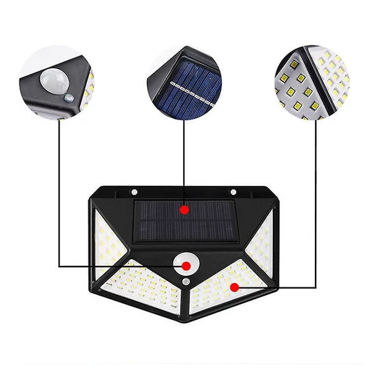 100 LED solární nástěnné světlo se senzorem pohybu, 4 LED panely