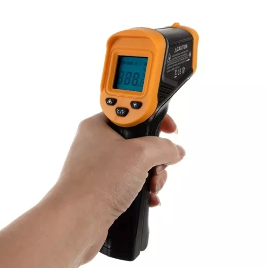 Bezkontaktní infračervený pyrometr, teploměr s LCD displejem, rozsah měření -50-500 °C, napájení bateriemi, černý