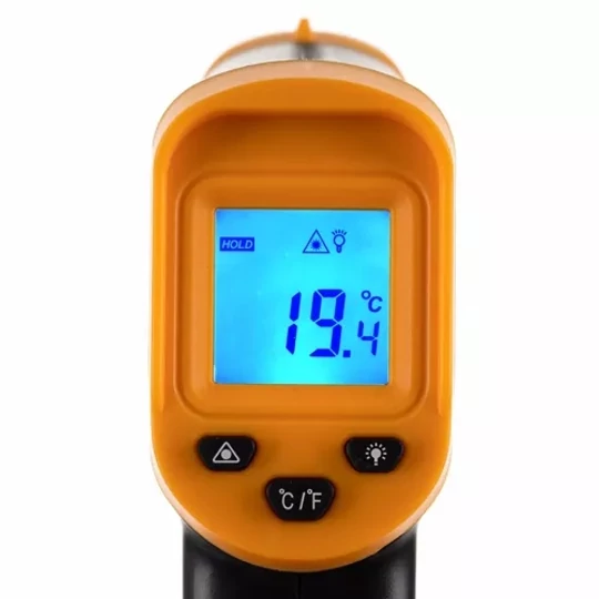 Bezkontaktní infračervený pyrometr, teploměr s LCD displejem, rozsah měření -50-500 °C, napájení bateriemi, černý