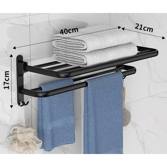 Elite® nástěnný hliníkový držák na ručníky a police, 60 cm, černý