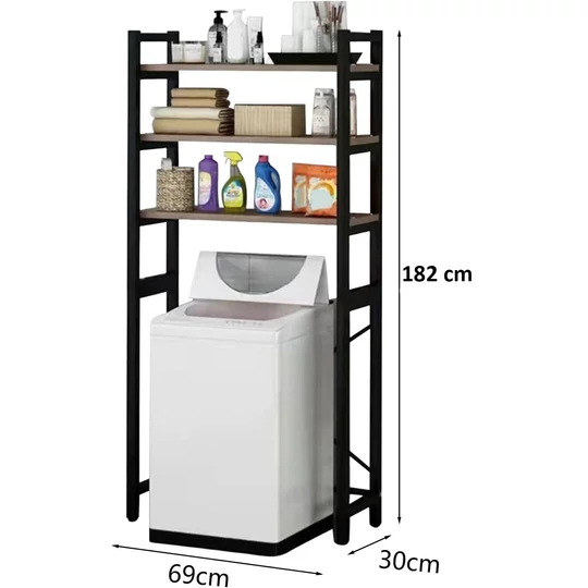 Elite Home® 3patrová masivní kovová koupelnová police nad pračku s dřevěnými policemi, černá