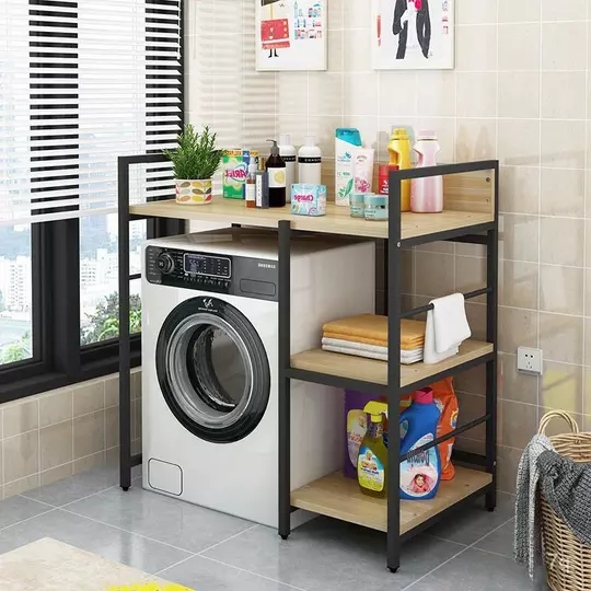 Elite Home® 3úrovňová pevná kovová koupelnová polička s dřevěnými policemi nad pračku, černá - výška 110 cm