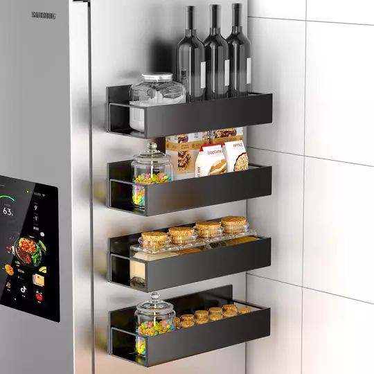 Magnetická kovová police Elite Home®, kuchyňský úložný systém pro chladničku, mikrovlnnou troubu, pračku, 4 ks, černá barva
