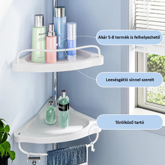 Elite Home® teleskopická sprchová polička 90-300 cm, 4 police do koupelny s držákem na ručníky a věšákem