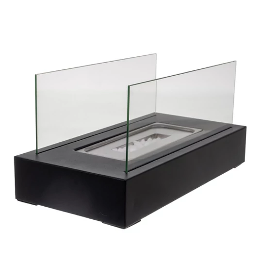Volně stojící BIO krb pro domácnost a terasu, bez kouře, na bioetanol, se skleněnou stěnou, tepelně izolační vrstvou štěrku, 35 x 18 x 17 cm, černý