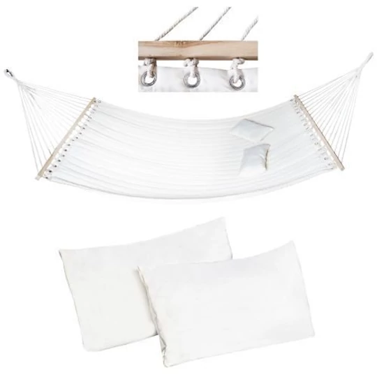 Bavlněná houpací síť pro dvě osoby se 2 polštáři, velikost 200x150 cm, bílá