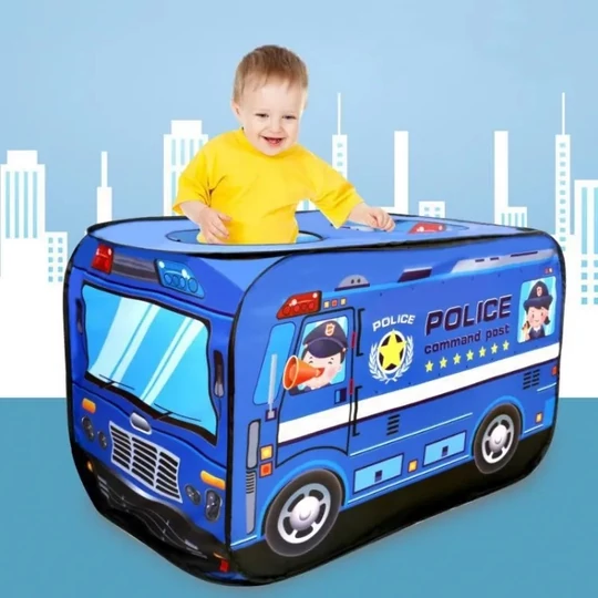 Dětský stan na hraní se vzorem policejního auta, textilní nosič, 112x70x75 cm, modrý