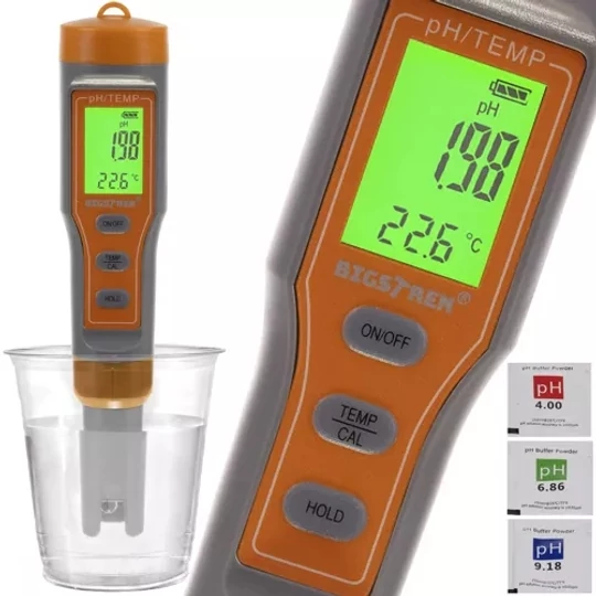 Digitální tester kvality vody s LED displejem, měření pH a teploty, vodotěsné pouzdro, provoz na baterie, automatické vypnutí