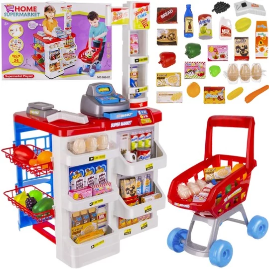 Velká hračka supermarketu s nákupním vozíkem, pokladnou, čtečkou čárových kódů na baterie, váhou a příslušenstvím